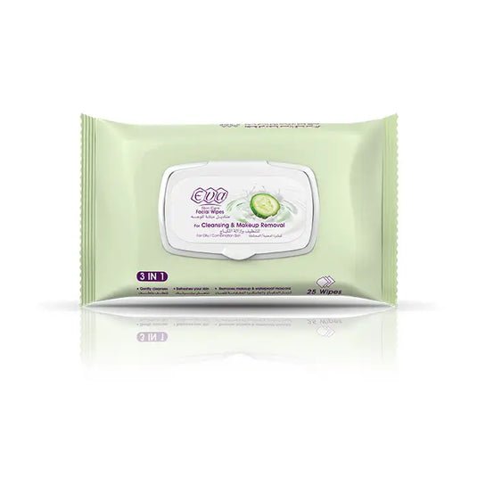 Eva Facial Wipes Cucumber 25 Wipes – مناديل إيفا بالخيار لتنظيف البشرة وإزالة المكياج