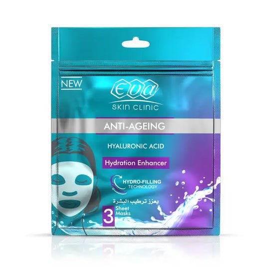 Eva Skin Clinic Hyaluronic Acid Anti-Ageing Sheet Mask 3 Pcs – ماسك إيفا بحمض الهيالورونيك للترطيب ومكافحة التجاعيد